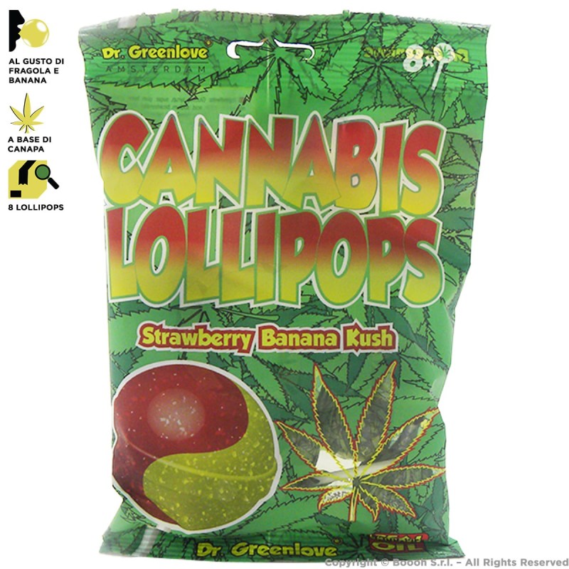 CANNABIS LOLLIPOPS BUBBLEGUM STRAWBERRY E BANANA KUSH (NO THC) by DR GREENLOVE - BUSTINA DA 8 CHUPA